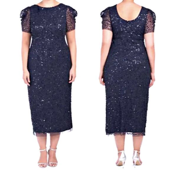 NWT ADRIANNA PAPELL DRESS SEQUIN BEADED MIDI NAVY BLUE SHEER MESH PUFF SLEEVE - Picture 1 of 13